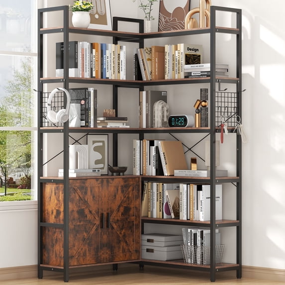 Casendy 6-Tire Corner Bookshelf with 2 Barn Doors, 71.3" Tall Convertible Etagere Bookcase with Side Hooks, Study Metal Frame Display Storage Shelf for Living Room, Rustic Brown