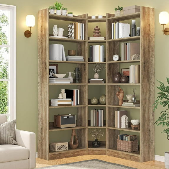 Semoic 70.8" Tall Corner Bookshelf, 7 Tiers Large Etagere Bookcases with Baffles, L-Shaped Modern Storage Display Rack  Bookshelves for Bedroom, Home Office, Living Room & Kitchen, Brown