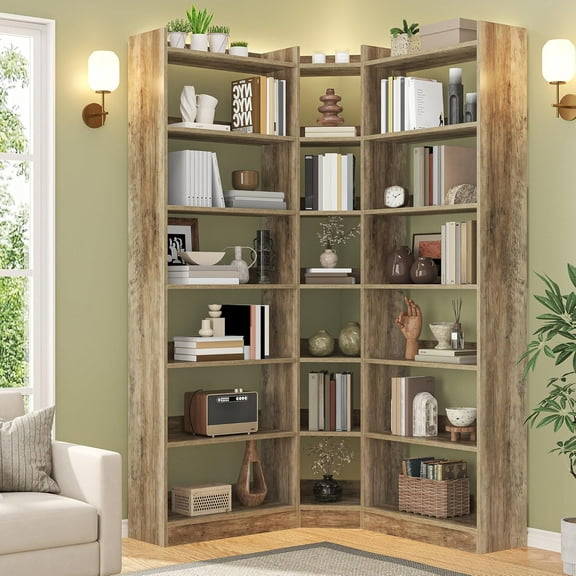 Semoic 70.8" Tall Corner Bookshelf, 7 Tiers Large Etagere Bookcases with Baffles, L-Shaped Modern Storage Display Rack  Bookshelves for Bedroom, Home Office, Living Room & Kitchen, Brown