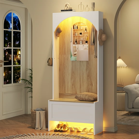 Casendy 7-in-1 Hall Tree with Bench and LED Light, 71" Coat Rack with Side Hooks, Mirror, Shoe Storage, Entryway Furniture for Living Room, Hallway, White