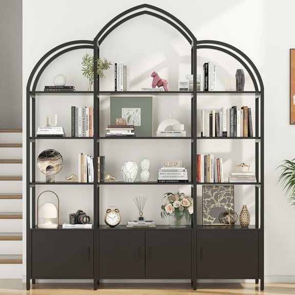 Semoic 85.8" Tall Arched Bookshelf with Door, 5-Tier Etagere Bookcase with Storage Cabinet Shelf, Triple Wide Industrial Bookshelf, Free Standing Display Shelf for Living Room Home Office, Black