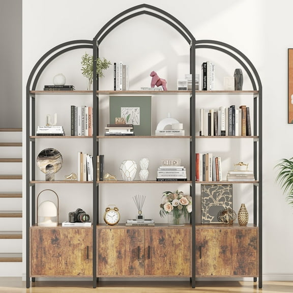 Semoic Arched Bookshelf and Bookcase with 3 Cabinets, Triple Wide 5 Tier Standing Book Shelf, Storage Display Rack Shelves, Industrial Bookshelf, Open Bookshelf, Etagere Bookcase, Brown+Black
