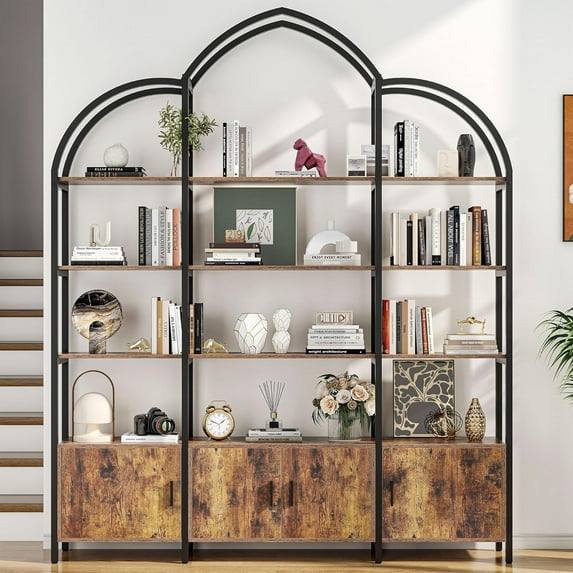 Semoic Arched Bookshelf and Bookcase with 3 Cabinets, Triple Wide 5 Tier Standing Book Shelf, Storage Display Rack Shelves, Open Bookshelf, Etagere Bookcase, Brown+Black
