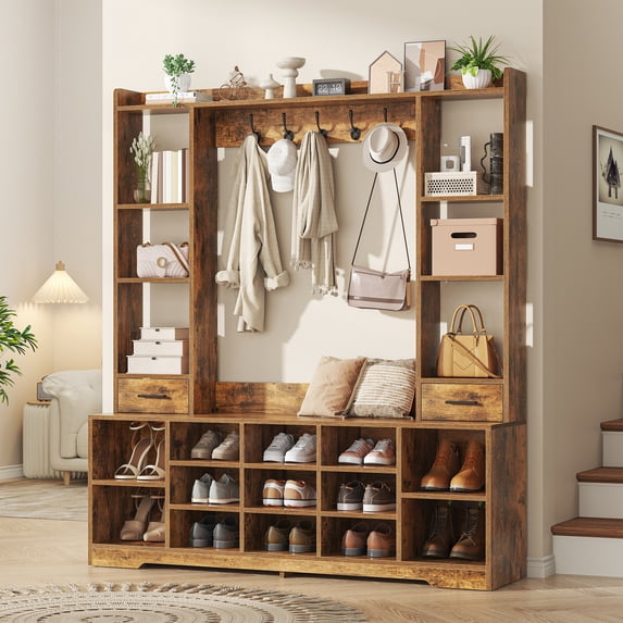 Semoic Hall Tree with Bench and Shoe Cabinet, Coat Rack and 5 Hooks for Entryway, Wood Shoe Cabinet with Drawers and Shelves, Brown(13.8"L x 55.1" W x 61.6"H)