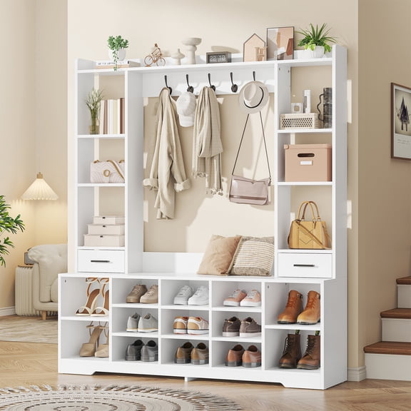 Semoic Hall Tree with Bench and Shoe Cabinet, Coat Rack and 5 Hooks for Entryway, Wood Shoe Cabinet with Drawers and Shelves, White(13.8"L x 55.1" W x 61.6"H)