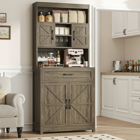 Semoic Kitchen Pantry Cabinet with Drawers and Hooks, Farmhouse Kitchen Storage Cabinet with Shelves, Wood Wine Bar Cabinet for Dining Room,  Living Room, Brown