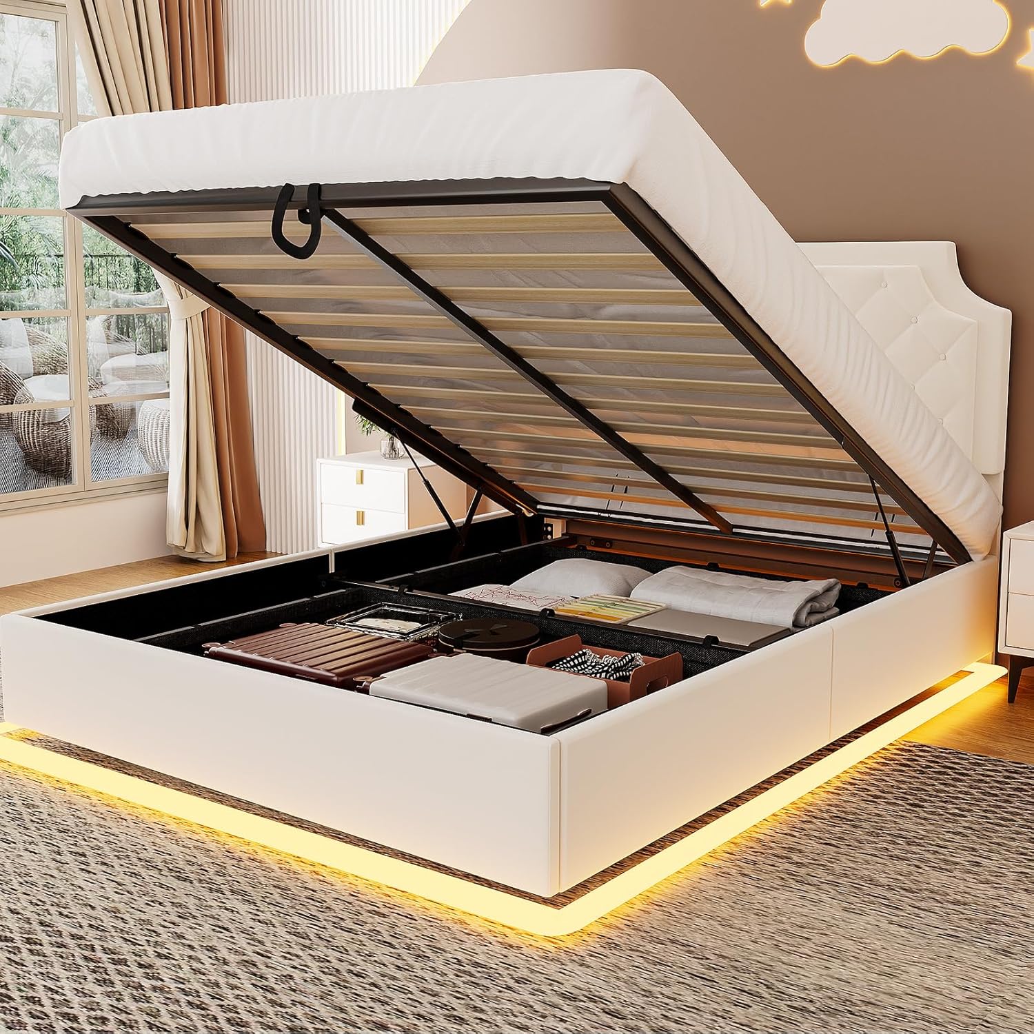 Semoic Queen Size Lift Up Storage Bed Frame, Equiped with LED Light ...