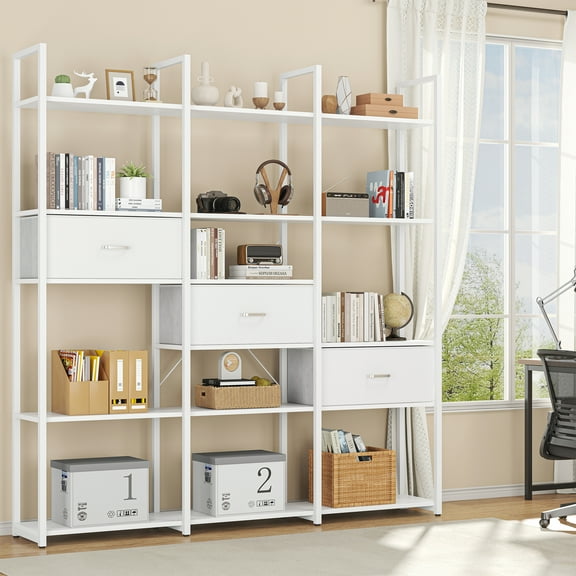 Semoic Triple Wide 6 Tiers Industrial Book Shelf with 3 Drawers and Storage Shelves, 73.6" Tall Bookcase with 16 Open Display Shelves, Large Etagere Bookshelf for Home & Office, White