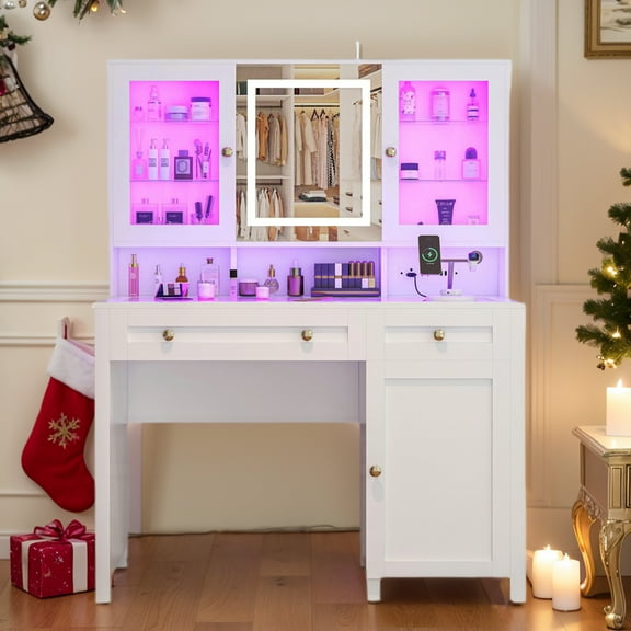 Semoic White Makeup Vanity Desk with LED Mirror and RGB Lights and Power Outlet, Morden Glass Top Vanity Table with Drawer & Storage Cabinet & Adjustable Shelves, Large Dressing Table for Bedroom