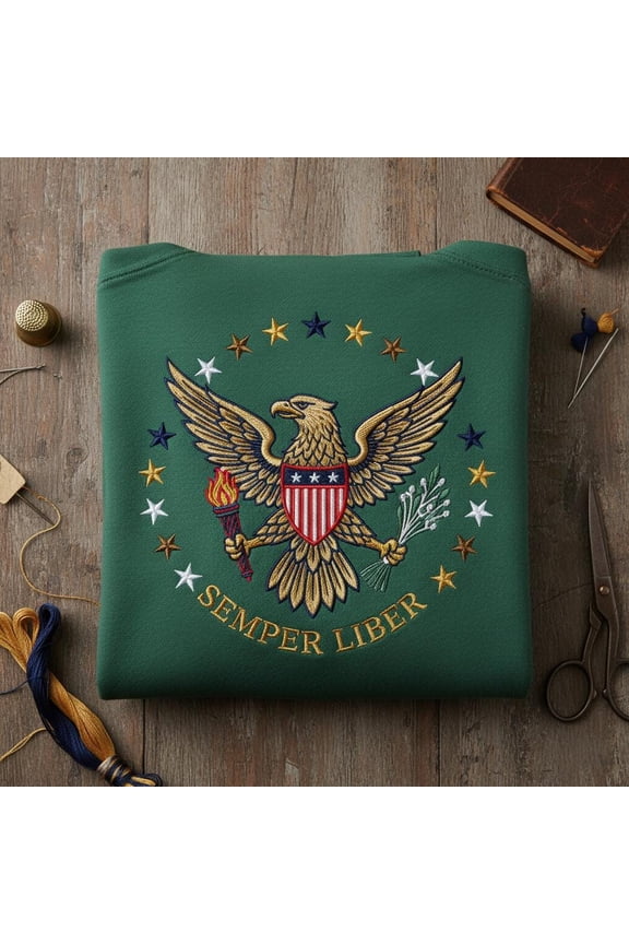 Semper Liber Embroidered Sweatshirt, Patriotic Eagle Shield Crewneck, US Military Veteran Gift, Latin Freedom Quote Apparel