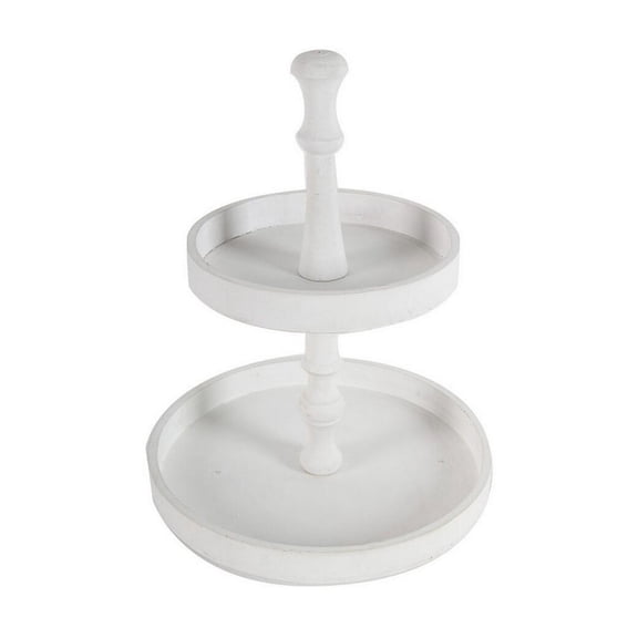 Semy 15 Inch 2 Tier Round Decorative Serving Tray White Wood Finish