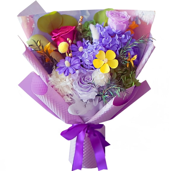 Sen Flora Preserved Flowers Bouquet, 3-Piece Eternal Purple Roses Mixed Bouquet, Real Forever Flowers for Delivery Prime, Long Lasting Flower Birthday Gifts for Her C113