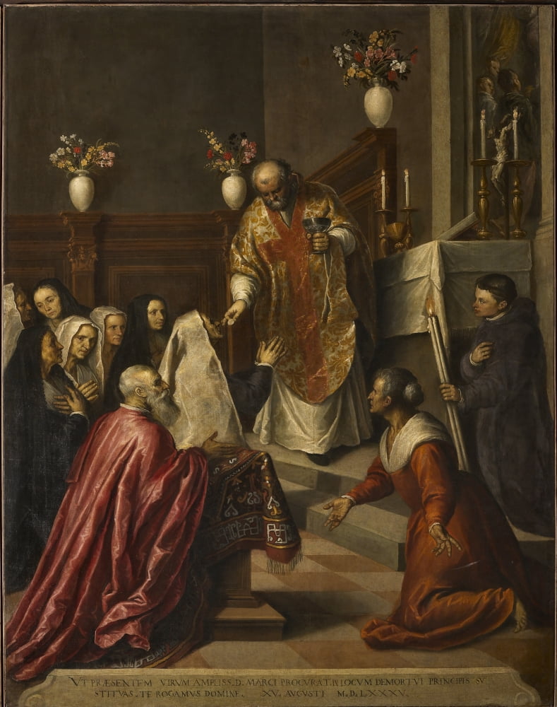 Senator Pasquale Cicogna Taking Part In The Mass While Father Priamo Balbi Administers The Eucharist Canvas Art - (18 x 24)