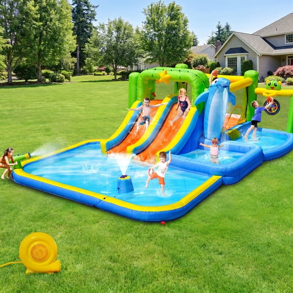 Senbabe Inflatable Bounce House, 9 in 1 Water Slide Bounce House with Blower, Climbing Wall, Jumping, Splash Pool, Water Gun, Basketball Hoop, Sprinkler Fountain, Target