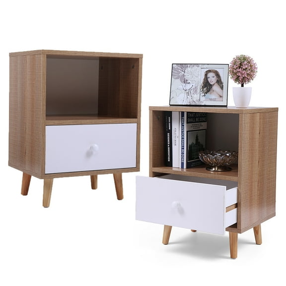Senbabe Mid Century Nightstand Set of 2 with Storage Drawer, Modern Bedside End Table with Open Shelf, Wood Accent Side Table for Bedrooms and Living Room-Natural and White