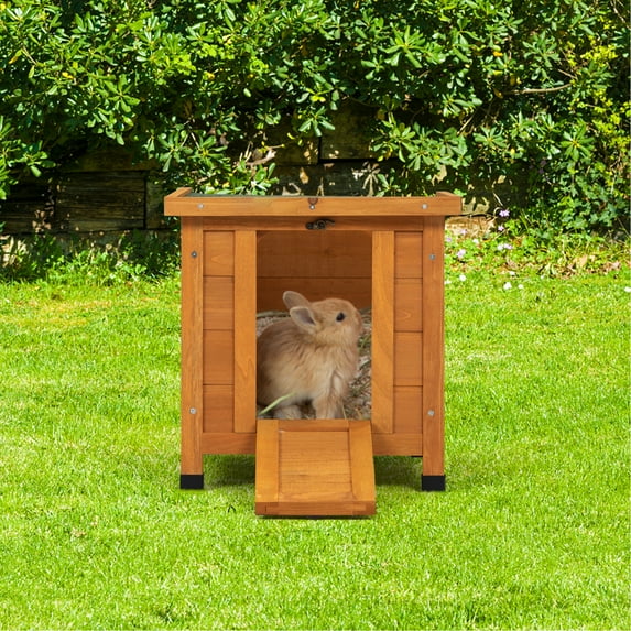 Senbabe Wooden Small Rabbit Houses, Bunny Cage with Openable Roof, Pet Shelter for Guinea Pig Hamster, Bright Orange