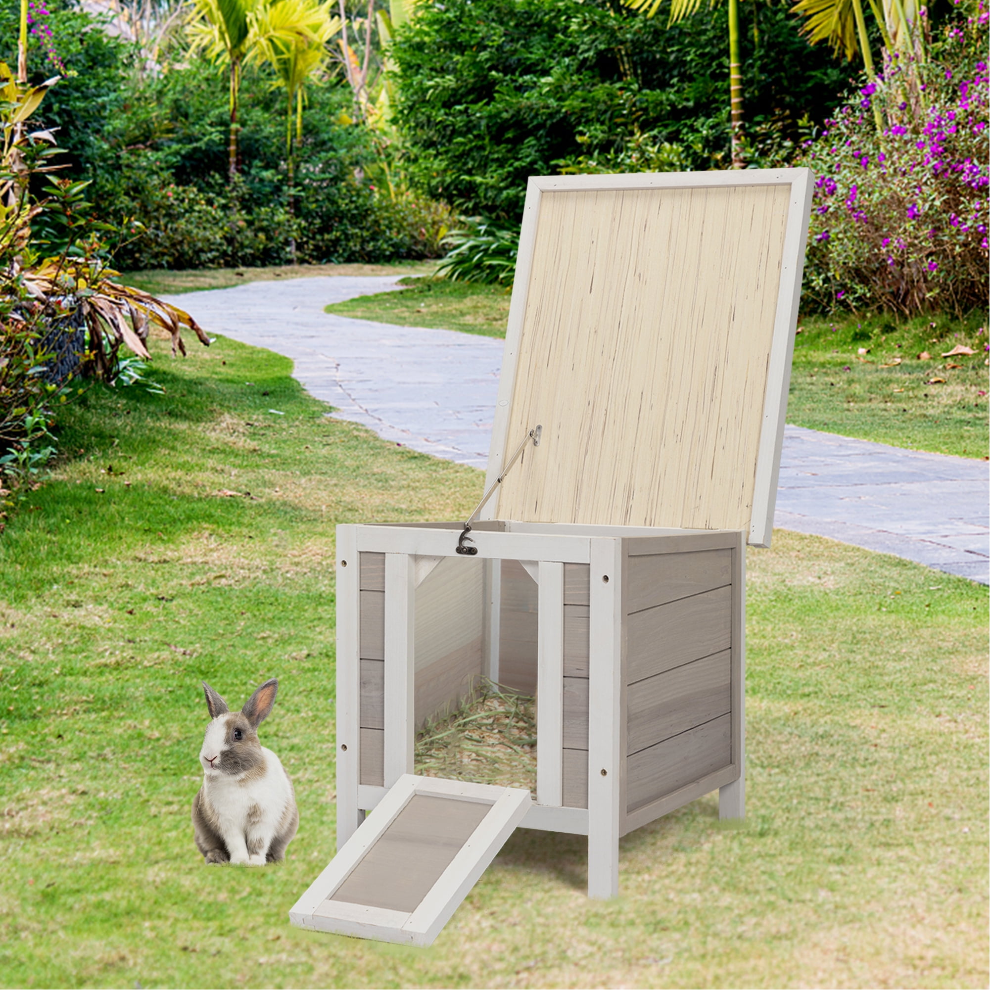 Senbabe Wooden Small Rabbit Houses, Bunny Cage with Openable Roof, Pet Shelter for Guinea Pig Hamster, Gray