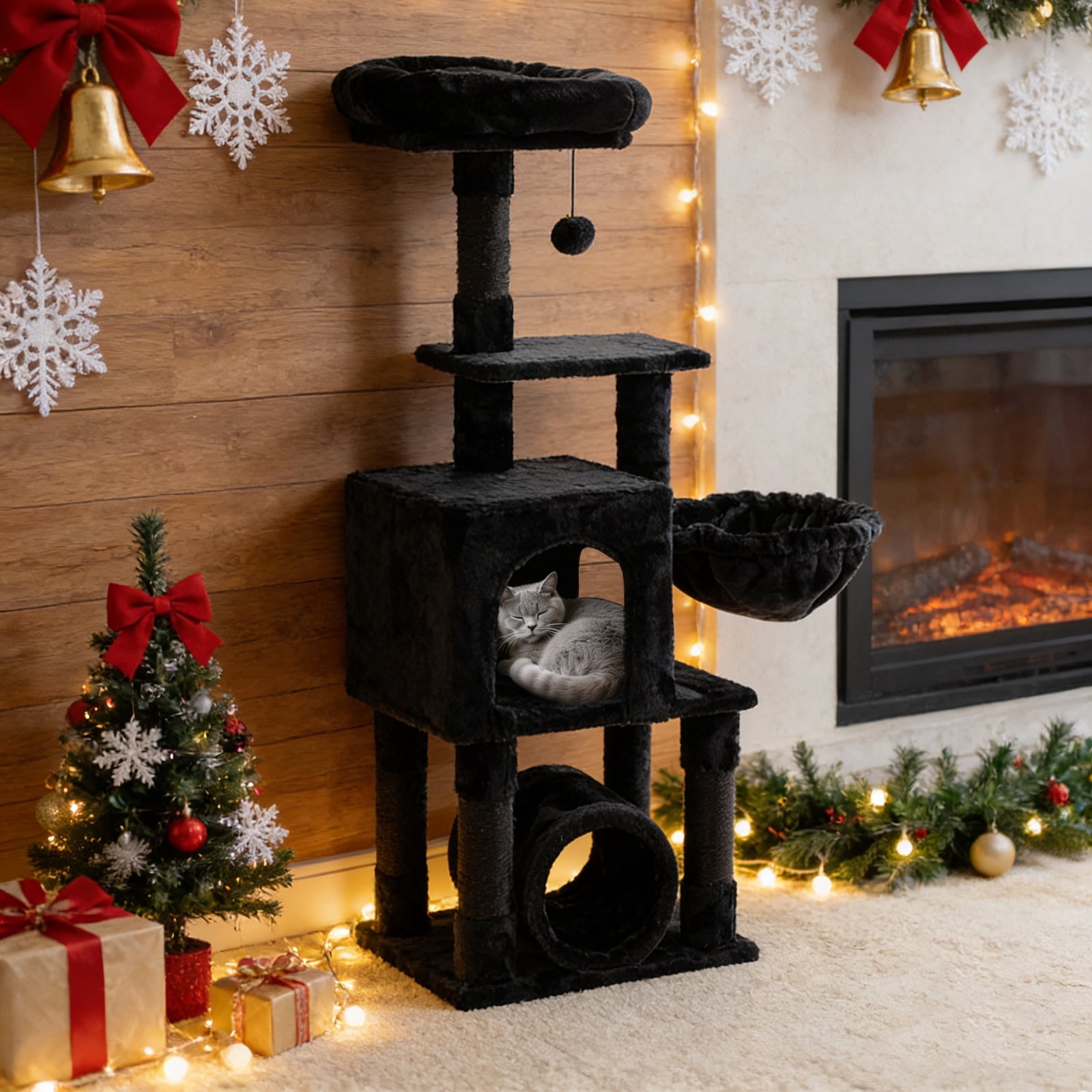 Senbonry 49in Gothic Cat Tree Tower for Indoor Cats with Scratching Posts, 9 Inchs Tunnel, Condo, Basket, Pompoms,Black