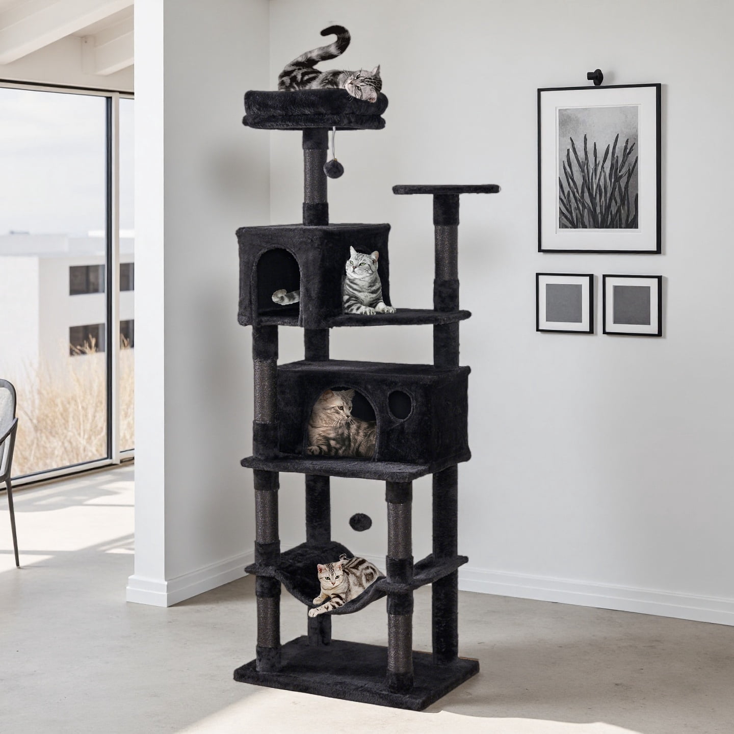 Senbonry 67in Heavy Duty Cat Tree for Indoor Cats Large Adult,Tall Cat Climbing Tower with Hammock,Sisal Scratching Post,Basket,Removable Perch,Condo,Black