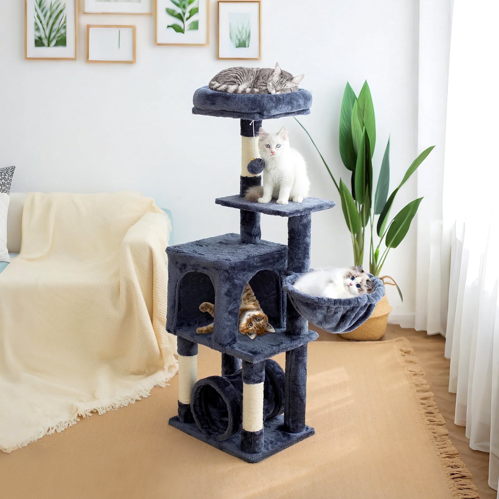Senbonry Cat Tree for Indoor Cats with Scratching Posts 49in Small Gothic Tower with 9 Inchs Tunnel, Condo, Basket, Pompoms,Dark Gray