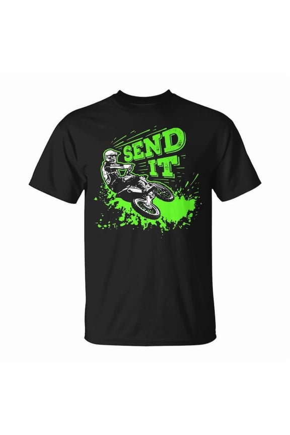 Send It Dirt Bike Motocross Graphic Tee Unisex Adult Cotton Casual Motocross Rider Enthusiast Off‑Road Moto Sport T‑Shirt for Dirt Bike Supercross Fans, Size M, Color Black