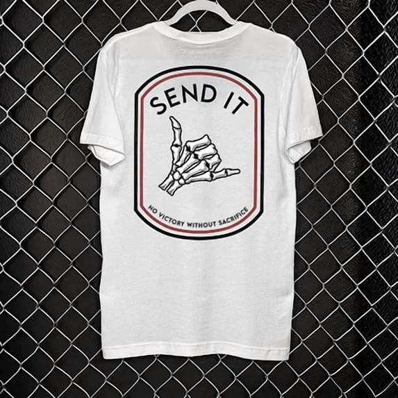 Send It Skeleton Shaka Hand T-Shirt | No Victory Without Sacrifice Extreme Sports Graphic Tee