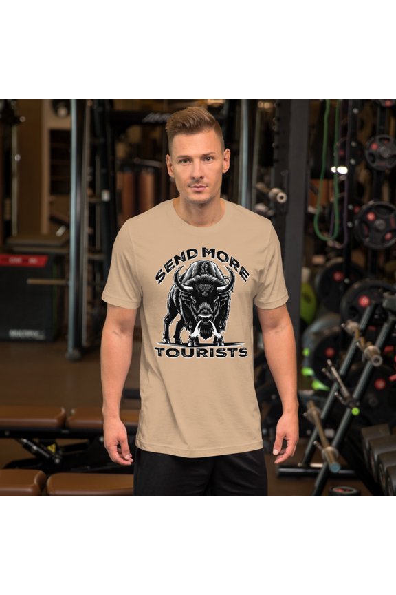 Send More Tourists Bison Unisex Design T-shirt (Tan, S)