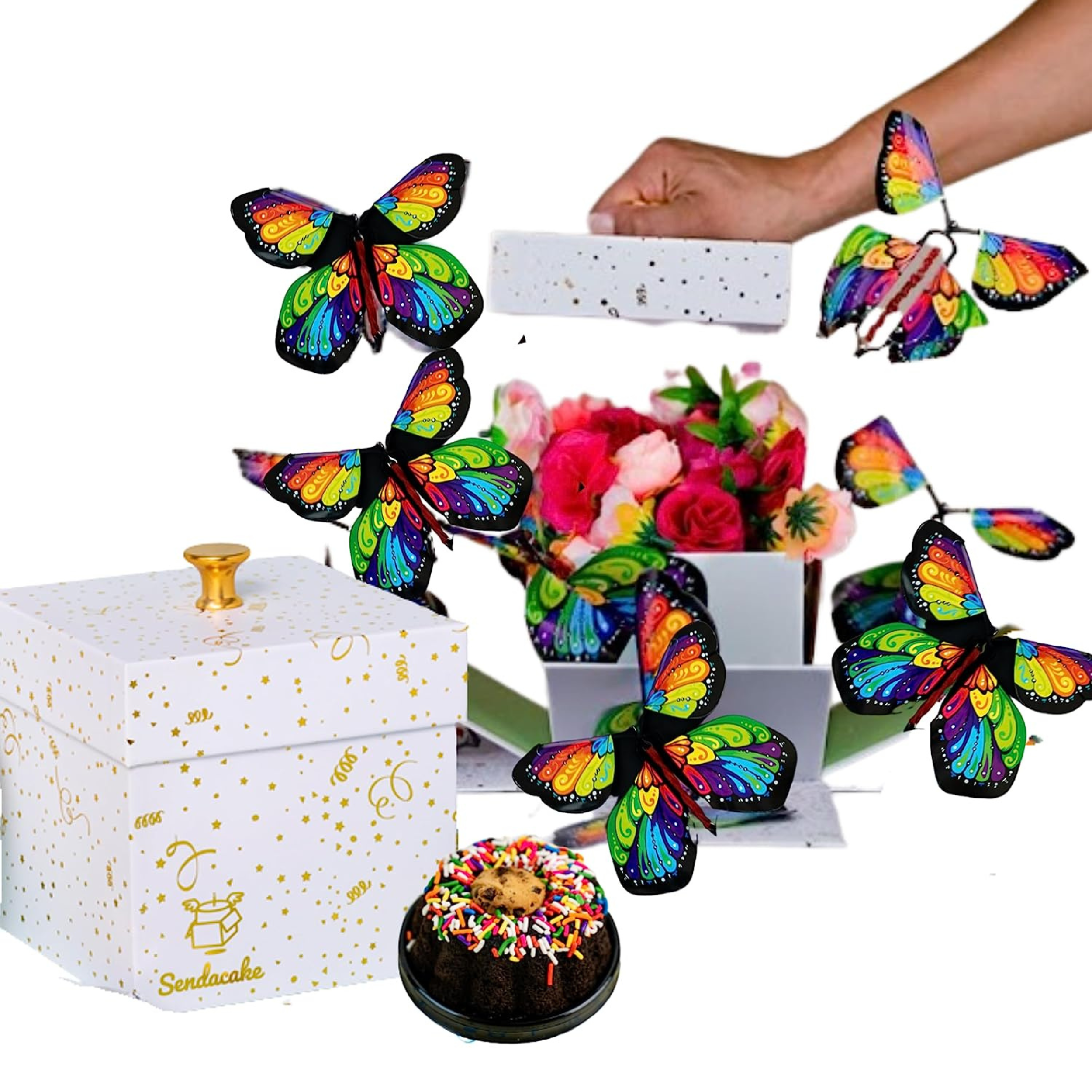 SendaCake White & Gold Foil Celebration Explosion Flying Butterfly
