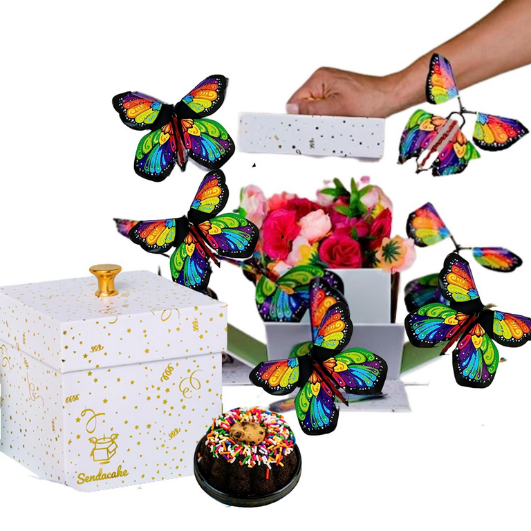 Sendacake White & Gold Foil Celebration Explosion Flying Butterfly Surprise, Cake & Flowers Gift Box - Birthday Gift for All Ages, Size: 5.25