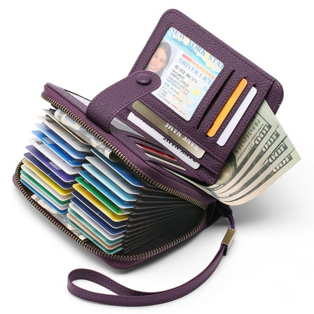 Sendefn Leather Credit Card Holder Wallet for Women RFID Blocking Bifold Zipper Card Case Organizer with Wristlet 32 Slots