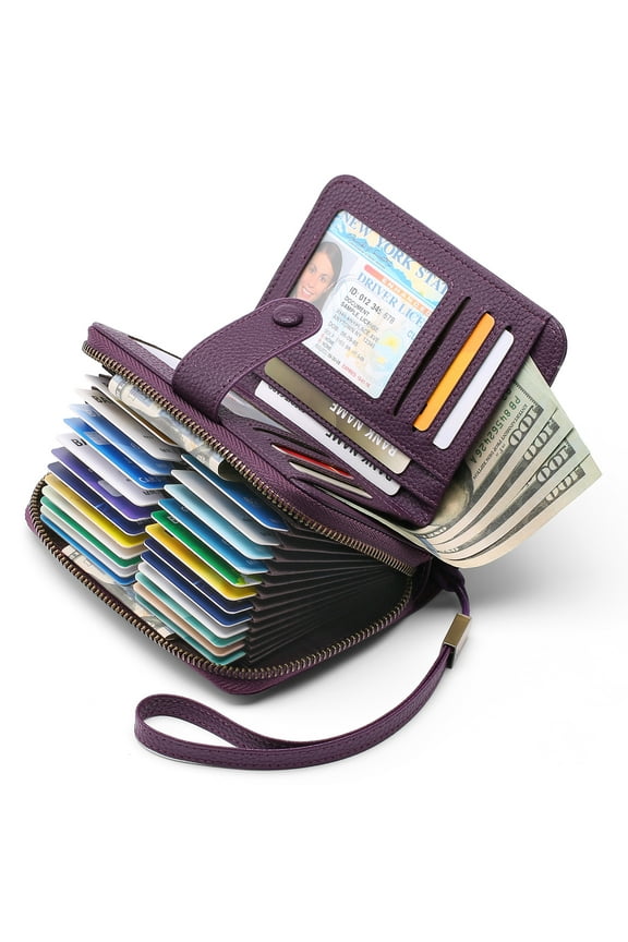 Leather Credit Card Holder Wallet for Women RFID Blocking Bifold Zipper Card Case Organizer with Wristlet 32 Slots