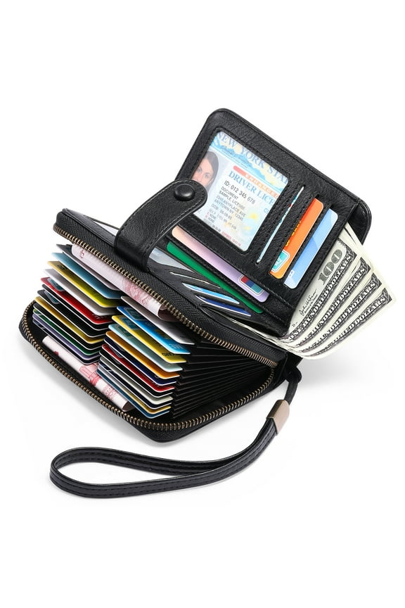Leather Credit Card Holder Wallet for Women RFID Blocking Bifold Zipper Card Case Organizer with Wristlet 32 Slots