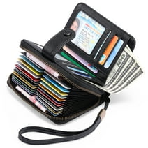 Sendefn Leather Credit Card Holder Wallet for Women RFID Blocking Bifold Zipper Card Case Organizer with Wristlet 32 Slots