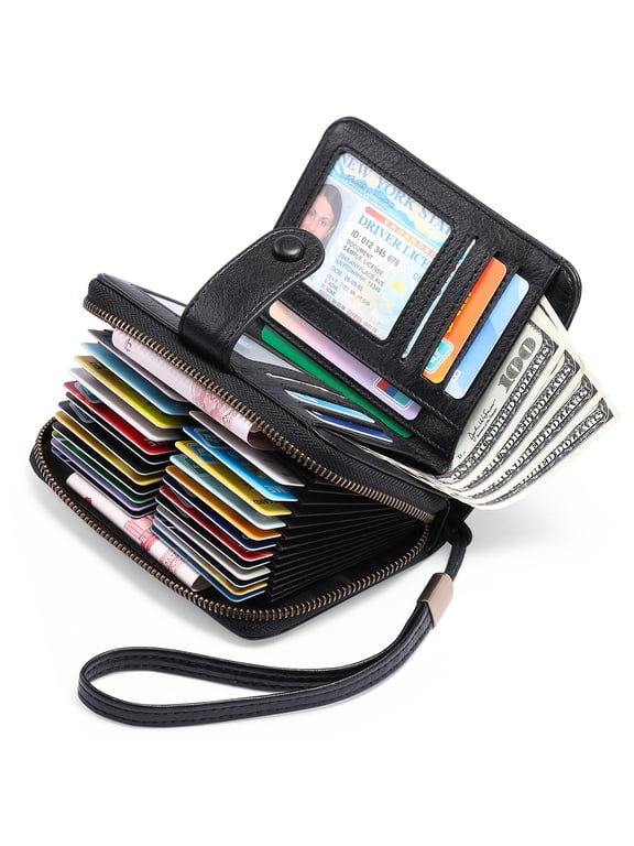 Leather Credit Card Holder Wallet for Women RFID Blocking Bifold Zipper Card Case Organizer with Wristlet 32 Slots