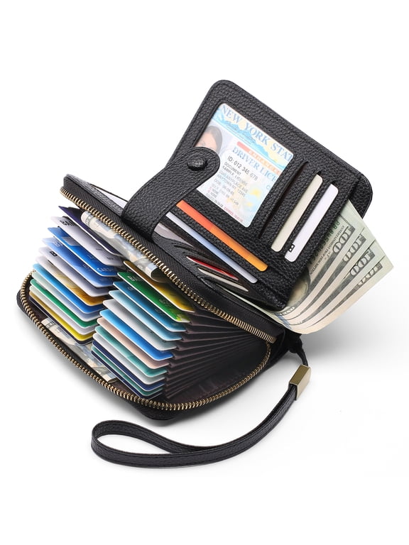 Leather Credit Card Holder Wallet for Women RFID Blocking Bifold Zipper Card Case Organizer with Wristlet 32 Slots