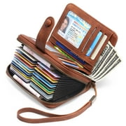 Sendefn Leather Credit Card Holder Wallet for Women RFID Blocking Bifold Zipper Card Case Organizer with Wristlet 32 Slots
