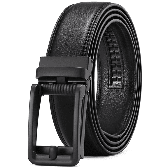 Sendefn Men's Leather Belt Automatic Ratchet Buckle Slide Belt for Dress Casual Trim to Fit with Gift Box(A-black-71-HS,28'' to 46'' WAIST ADJUSTABLE)
