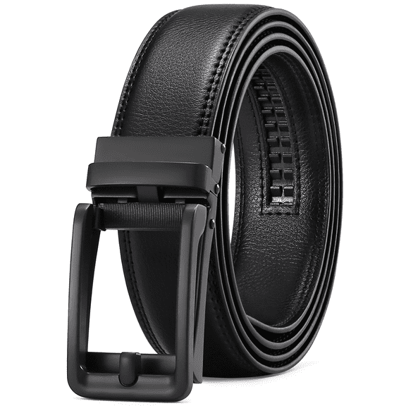 Sendefn Men's Leather Belt Automatic Ratchet Buckle Slide Belt for Dress Casual Trim to Fit with Gift Box(A-black-71-HS,28'' to 46'' WAIST ADJUSTABLE)