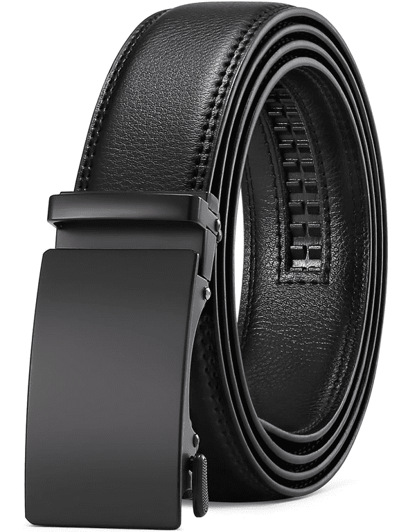Men's Leather Belt Automatic Ratchet Buckle Slide Belt for Dress Casual Trim to Fit with Gift Box(A-black-30,28'' to 46'' WAIST ADJUSTABLE)