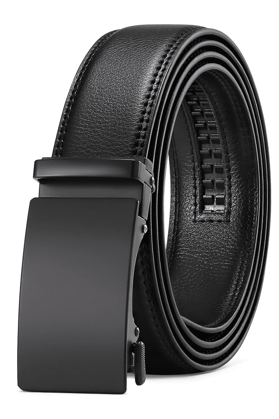 Men's Leather Belt Automatic Ratchet Buckle Slide Belt for Dress Casual Trim to Fit with Gift Box(A-black-30,28'' to 46'' WAIST ADJUSTABLE)