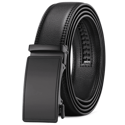 Men's Leather Belt Automatic Ratchet Buckle Slide Belt for Dress Casual Trim to Fit with Gift Box(A-black-31,28'' to 46'' WAIST ADJUSTABLE)