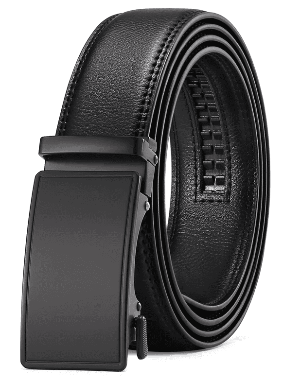 Men's Leather Belt Automatic Ratchet Buckle Slide Belt for Dress Casual Trim to Fit with Gift Box(A-black-31,28'' to 46'' WAIST ADJUSTABLE)
