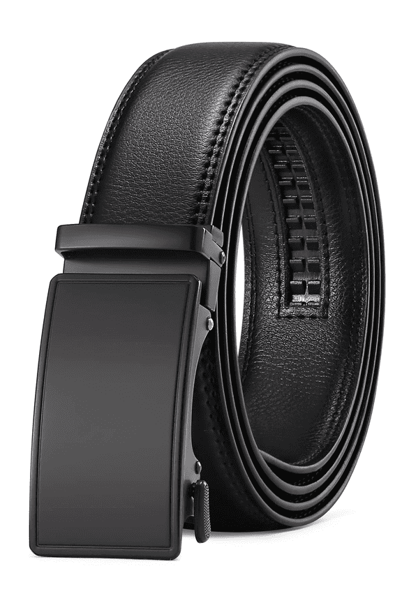 Men's Leather Belt Automatic Ratchet Buckle Slide Belt for Dress Casual Trim to Fit with Gift Box(A-black-31,28'' to 46'' WAIST ADJUSTABLE)