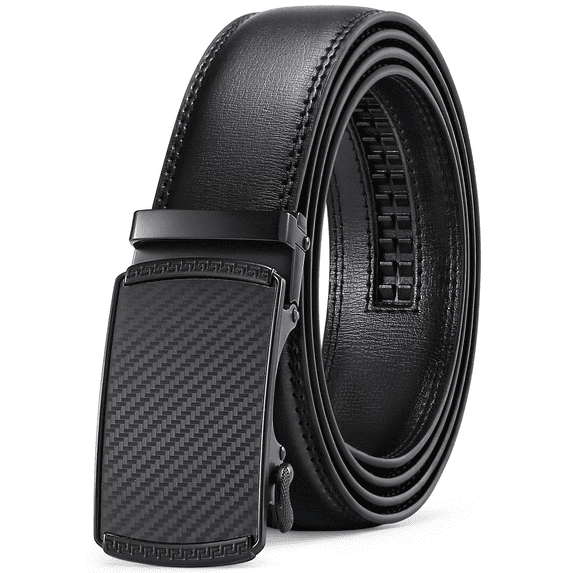 Sendefn Men's Leather Belt Automatic Ratchet Buckle Slide Belt for Dress Casual Trim to Fit with Gift Box(B-black-20,34'' to 52'' WAIST ADJUSTABLE)