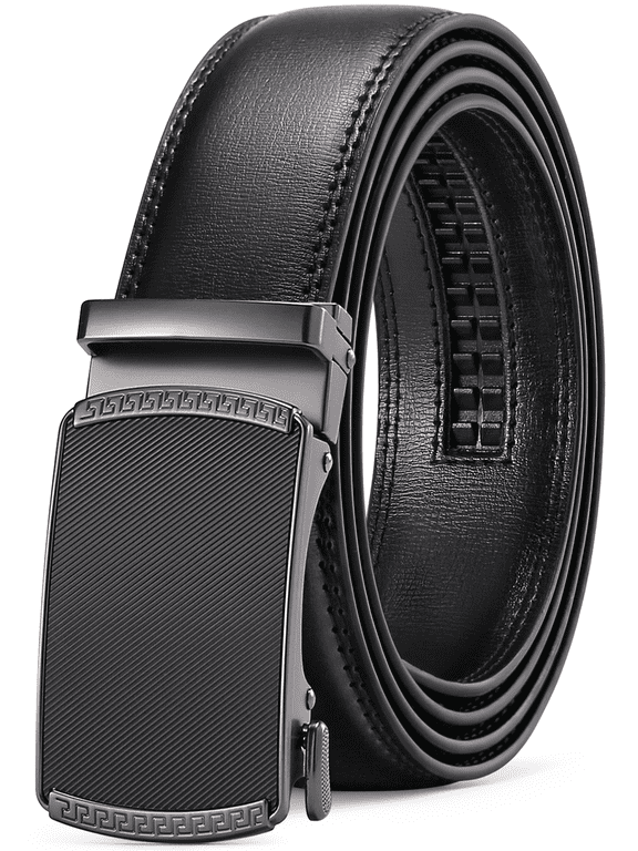 Men's Leather Belt Automatic Ratchet Buckle Slide Belt for Dress Casual Trim to Fit with Gift Box