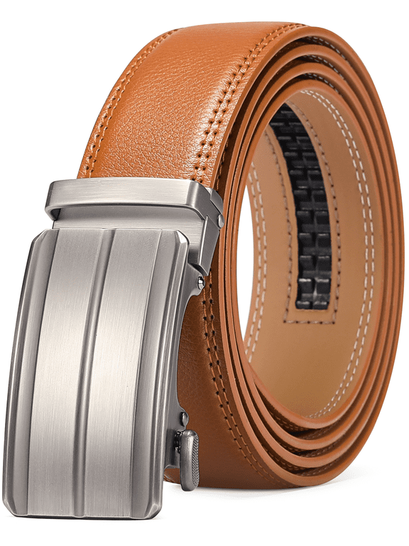 Men's Leather Belt Automatic Ratchet Buckle Slide Belt for Dress Casual Trim to Fit with Gift Box