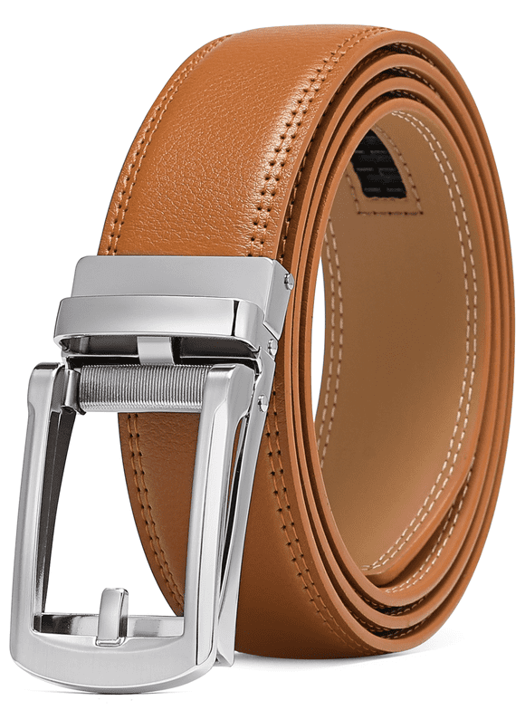 Men's Leather Belt Automatic Ratchet Buckle Slide Belt for Dress Casual Trim to Fit with Gift Box