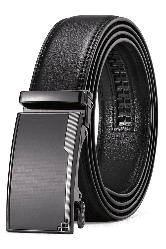 Men's Leather Belt Automatic Ratchet Buckle Slide Belt for Dress Casual Trim to Fit with Gift Box