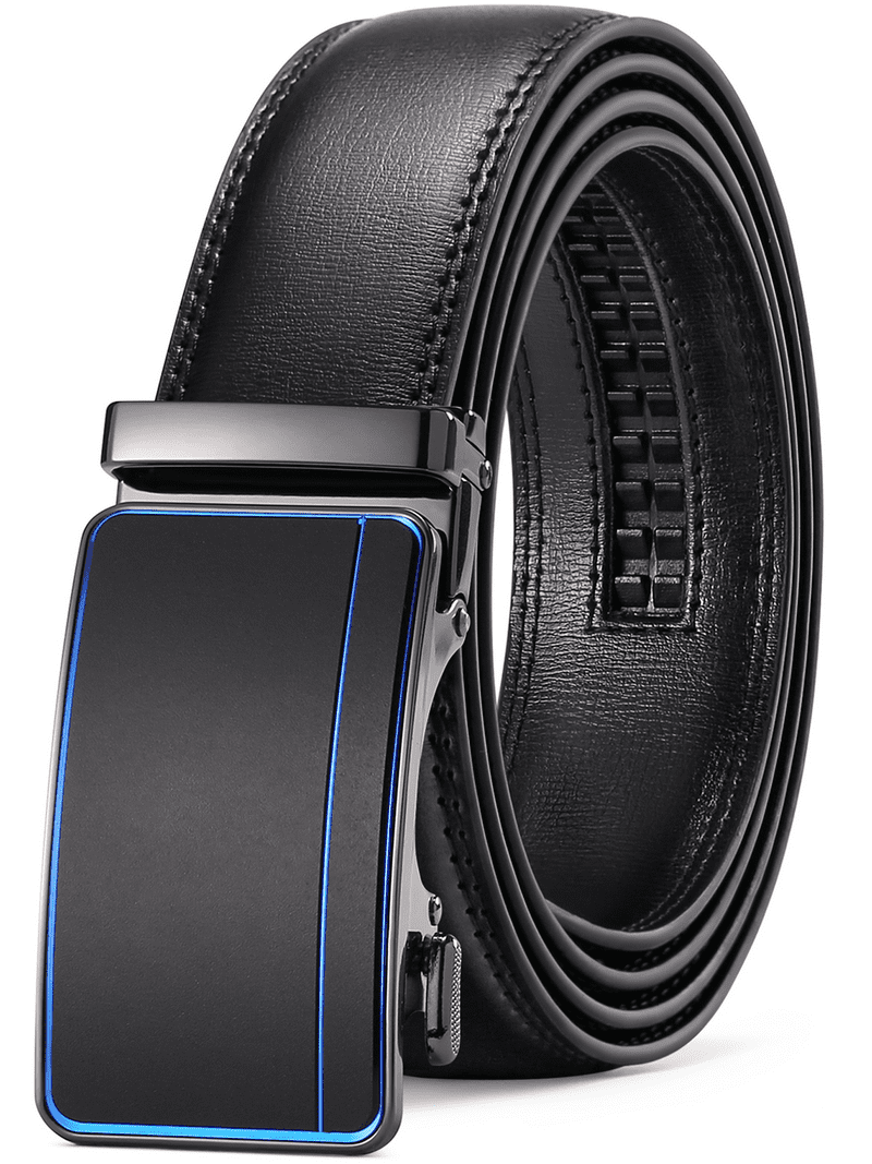 Sendefn Men's Leather Belt Automatic Ratchet Buckle Slide Belt for Dress Casual Trim to Fit with Gift Box, Size: for waist 34-52, Black