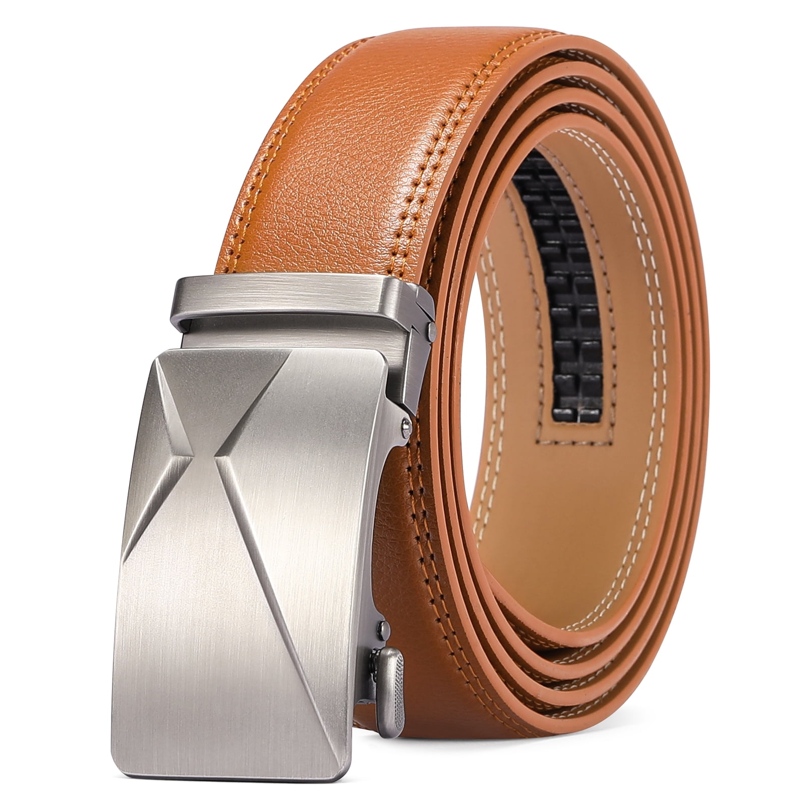 SENDEFN Leather Belt for Men Automatic Ratchet Buckle Slide Dress Casual  Belts 1 3/8'' Wide, Adjustable Trim to Fit 